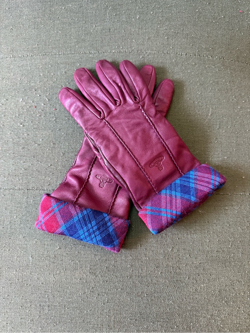 Vivienne Westwood vintage burgundy leather gloves with blue and red plaid cuff